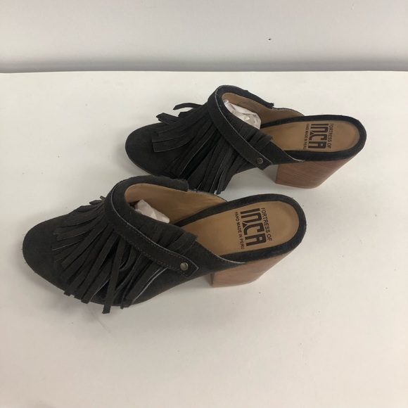 FORTRESS ON INCA HAND MADE JUANITA LEATHER FRINGE heeled Miley with clog shape - Picture 3 of 9